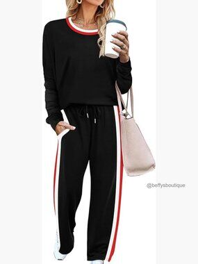 Large 2-Piece Sweatsuit Set Long Sleeve Top Wide Leg Pants Pockets